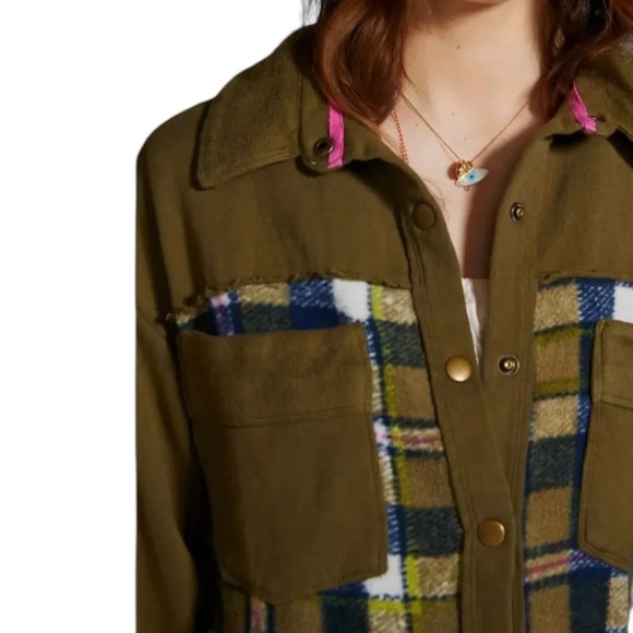 Anthropologie Pilcro Green Blue Plaid Contrast Button Down Shirt Jacket Size S - Picture 5 of 15